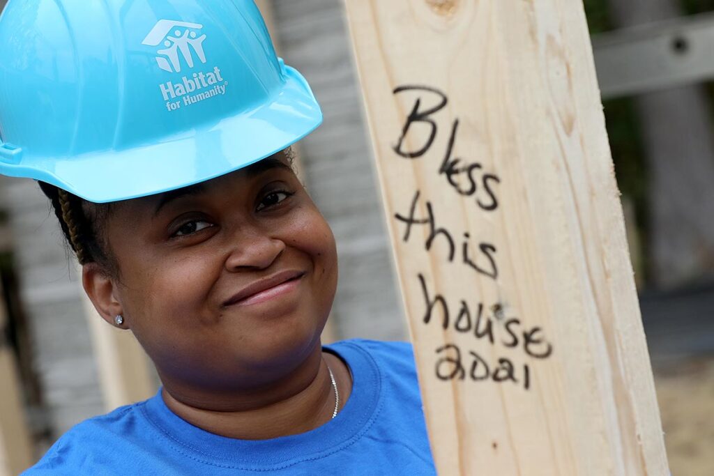 Habitat for Humanity 3D house walls installation with volunteers from Ferguson Enterprises Wednesday October 13, 2021. April the homeowner.