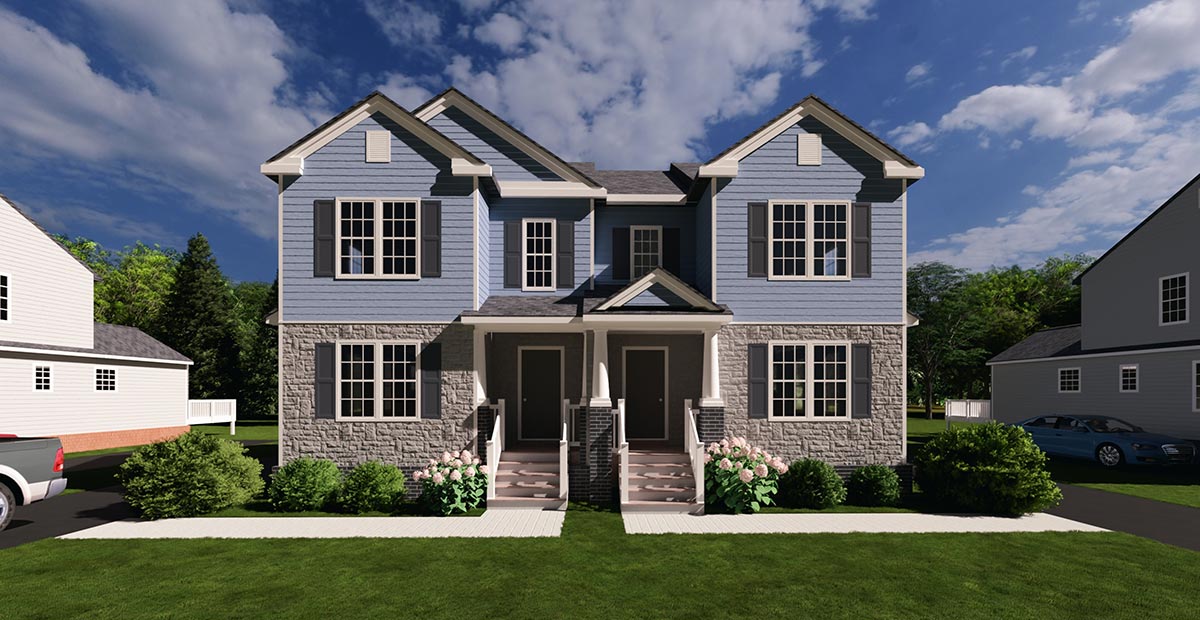Two-story blue duplex with stone facade, front steps, green lawn, and bushes under a partly cloudy sky.