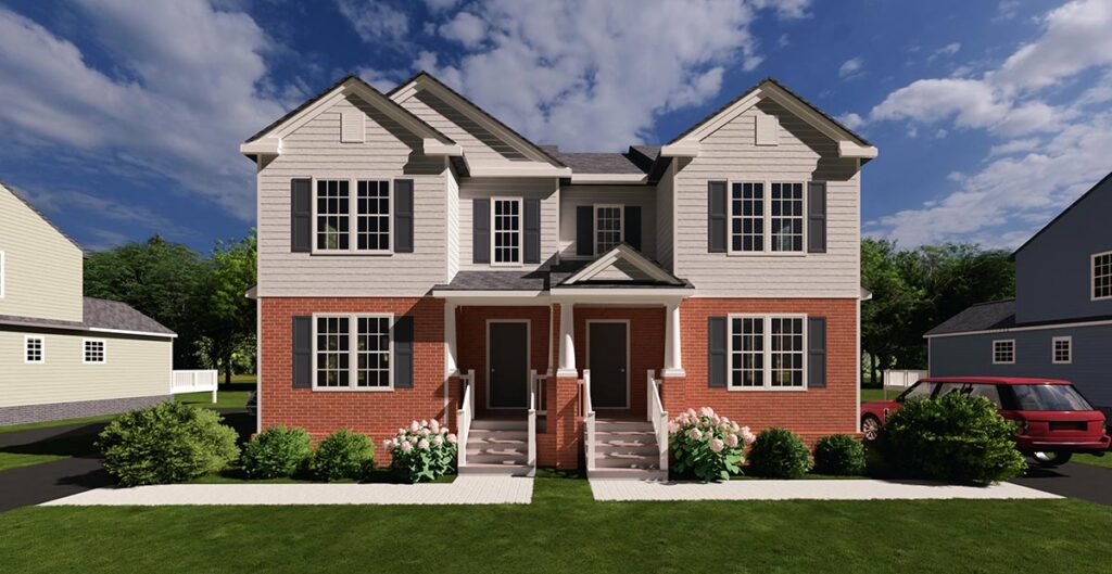A duplex house with brick lower walls, two front doors, steps, and bushes, under a partly cloudy sky.