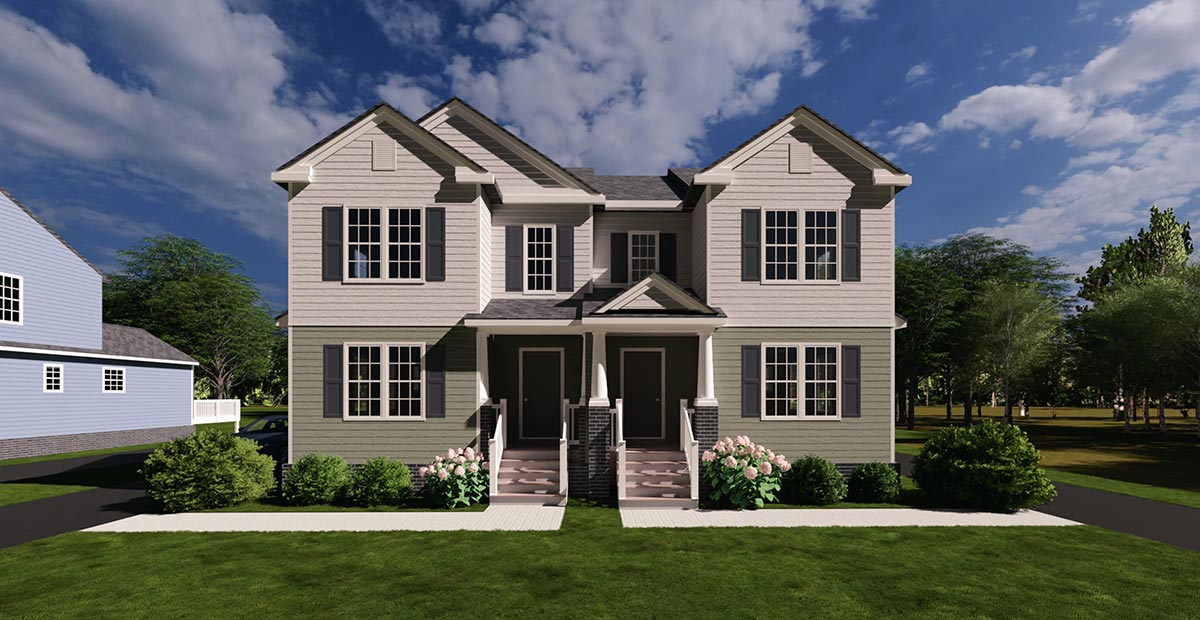 A two-story beige duplex with twin entrances, set against a blue sky and surrounded by green grass and bushes.