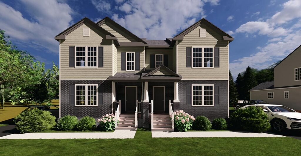 A two-story duplex with black and beige exterior, steps, bushes, and a blue sky with clouds.