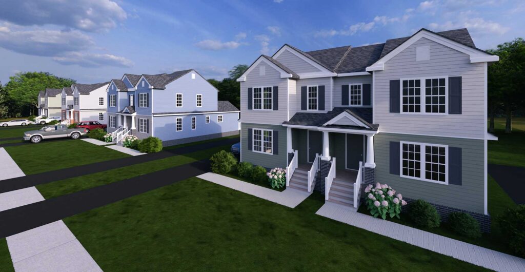 Row of modern suburban houses with green lawns, driveways, and a few parked cars under a blue sky.