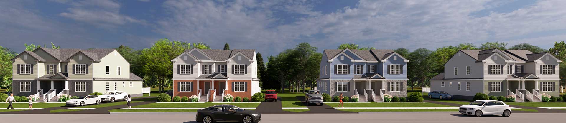 Four two-story suburban houses with cars parked along the road and people walking on the sidewalks.
