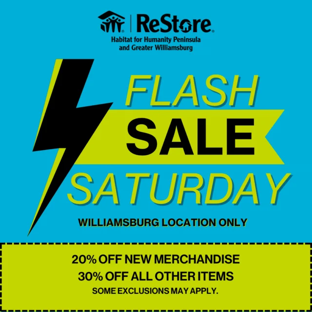 Alert! 🚨

Flash Sale Saturday is happening TODAY at @restorepgw.burg! You don’t want to miss out on these deals!

Stop by the store for 20% off new merchandise and 30% off all other items. Some exclusions may apply. 

All purchases help us continue to build affordable homes locally!