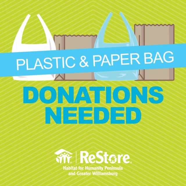 🛍 Got extra reusable, plastic or paper shopping bags piling up?

Donate them to the ReStore! We’ll put them to good use packing up treasures for shoppers — and you'll help us reduce waste. ♻️

#DonateBags #ReStoreReuse #SustainableShopping