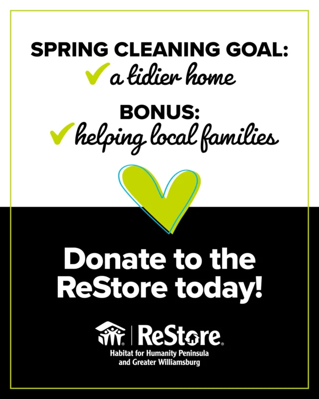 Did you know your extra stuff can build brighter futures? Drop off your donations of home goods at the ReStore (located in Newport News, Williamsburg and Yorktown), or schedule a free pickup online at link in bio! Make your spring clean out count!