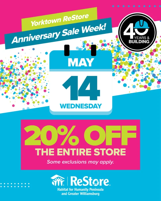 🎉 Celebrate midweek markdowns during our Yorktown ReStore 2nd Anniversary Celebration Week with 20% off everything in-store on Wednesday, May 14! Come explore the Yorktown ReStore and save big.