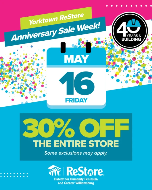 🎉 It’s Friday and the savings are stronger than ever! Take 30% off storewide on May 16 during our Yorktown ReStore 2nd Anniversary Sale and Celebration Week. The perfect time to snag your favorite ReStore finds!