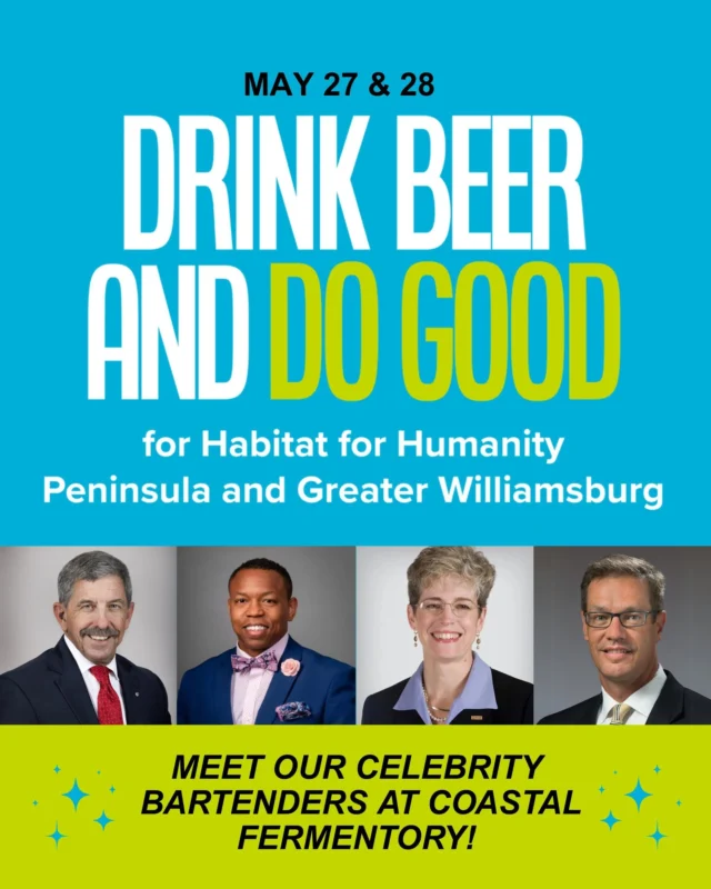 🍻 Drink Beer, Do Good — and Help Build a Home! 🏡

@coastalfermentory is handing over the taps to local leaders for two unforgettable nights at their Newport News locations — all to raise funds for the @vapeninsulachamber Habitat House!

Each night, 100% of tips and 10% of all sales will go toward building a safe, affordable home for a local family through Habitat for Humanity.

Swipe to see which celebrity bartenders will be serving up your favorite pours!

📍 May 27 – Coastal Fermentory Uptown
📍 May 28 – Coastal Fermentory Downtown
🕔 5–9 PM | Open to the public

Bring your friends. Raise a glass. Help raise the walls. 🍻

Get all the details in link in bio!

#DrinkBeerDoGood #HabitatForHumanity #VPCBuilds #CheersForChange #VirginiaPeninsulaChamber #CoastalFermentory #SupportLocal #PourWithPurpose